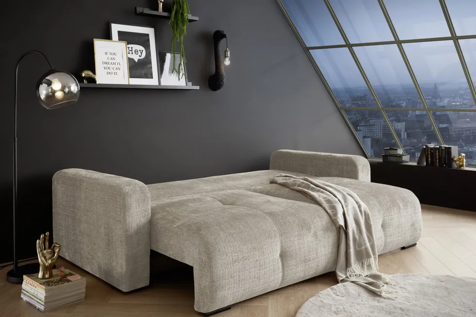 Modernes Schlafsofa DIAMOND 235cm taupe Chenille Cremona mit Stauraum 3-Sitzer Couch