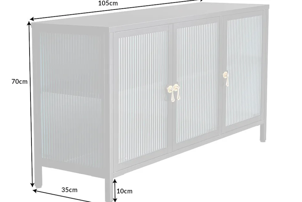 Modernes Sideboard AMSTERDAM 105cm schwarz gold Riffelglas Metall Vitrine Schrank