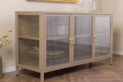 Modernes Sideboard AMSTERDAM 105cm greige gold Riffelglas Metall Vitrine Schrank