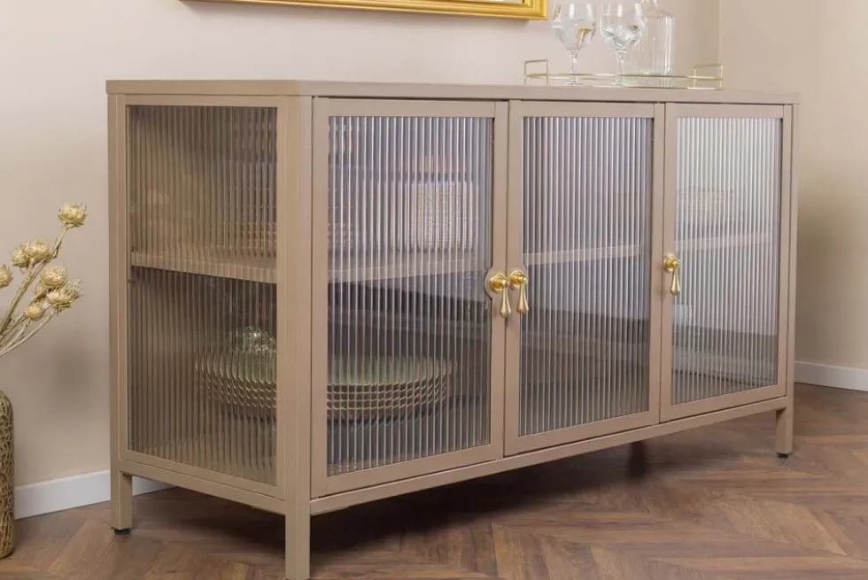 Modernes Sideboard AMSTERDAM 105cm greige gold Riffelglas Metall Vitrine Schrank
