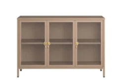 Modernes Sideboard AMSTERDAM 105cm greige gold Riffelglas Metall Vitrine Schrank