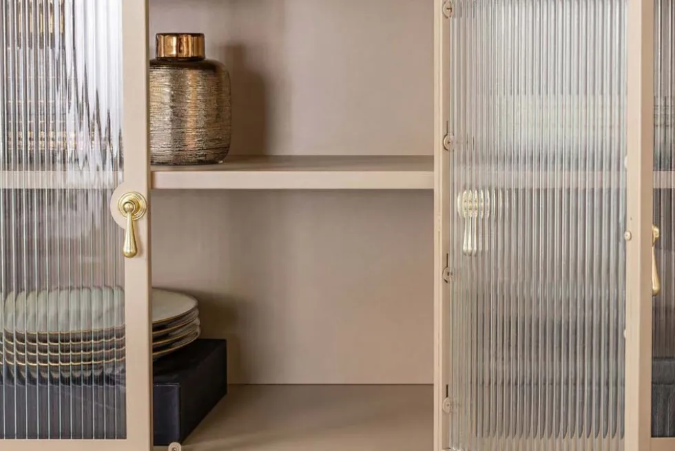 Modernes Sideboard AMSTERDAM 105cm greige gold Riffelglas Metall Vitrine Schrank