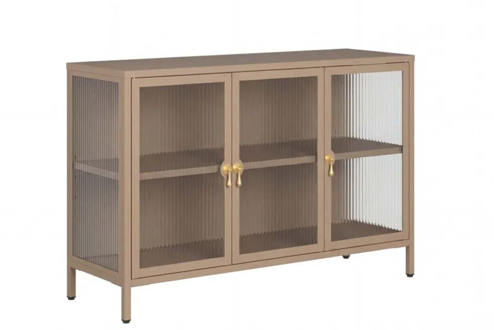 Modernes Sideboard AMSTERDAM 105cm greige gold Riffelglas Metall Vitrine Schrank