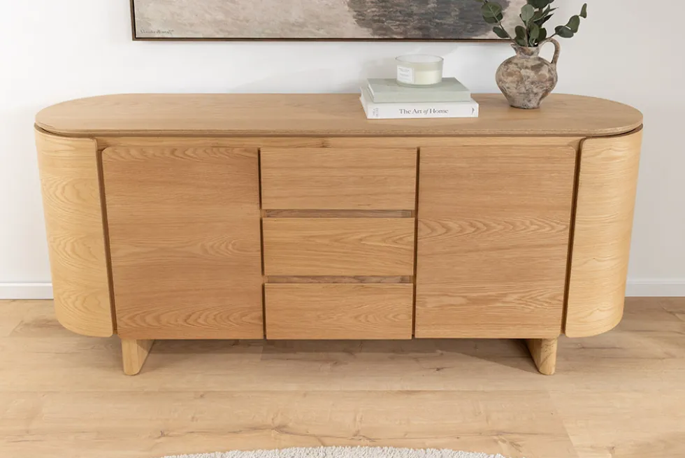 Modernes Sideboard OAK GRAIN 160cm natur Eichenholz vier Fächer mit drei Schubladen
