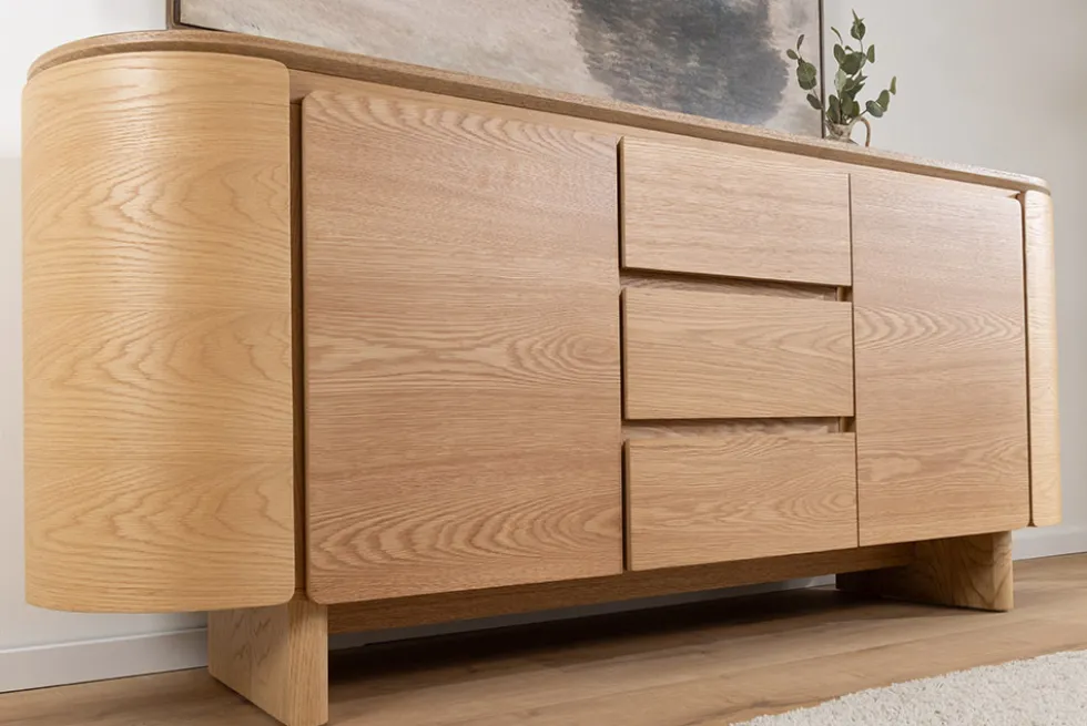 Modernes Sideboard OAK GRAIN 160cm natur Eichenholz vier Fächer mit drei Schubladen