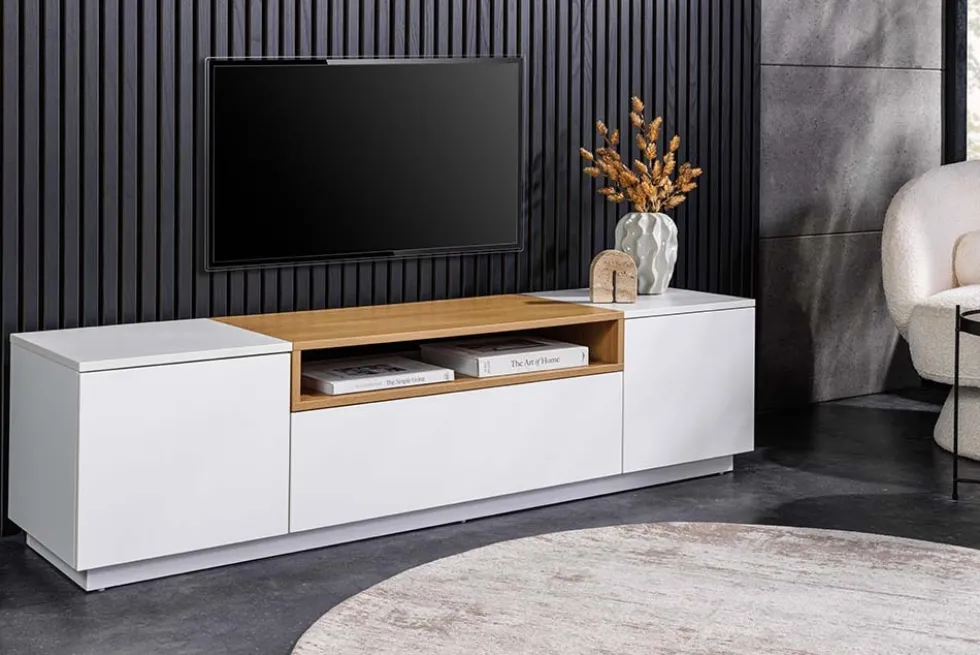Modernes TV-Board LOFT 160cm weiß natur drei Fächer mit Schublade
