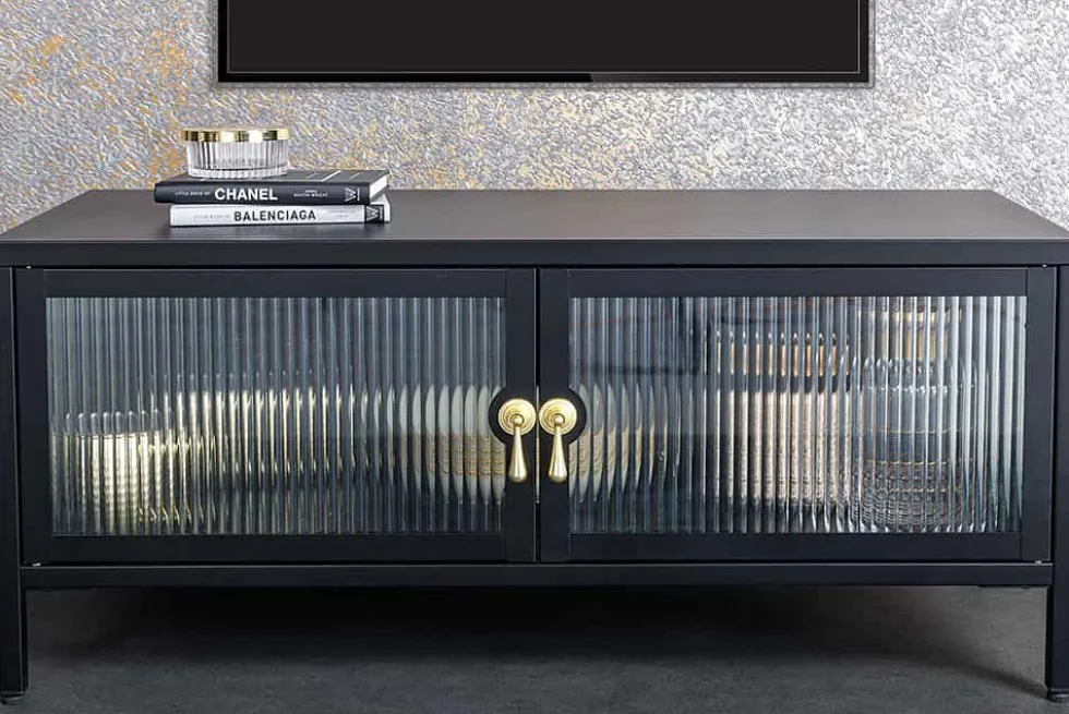 Modernes TV-Lowboard AMSTERDAM 90cm schwarz gold Riffelglas Metall Vitrine Schrank