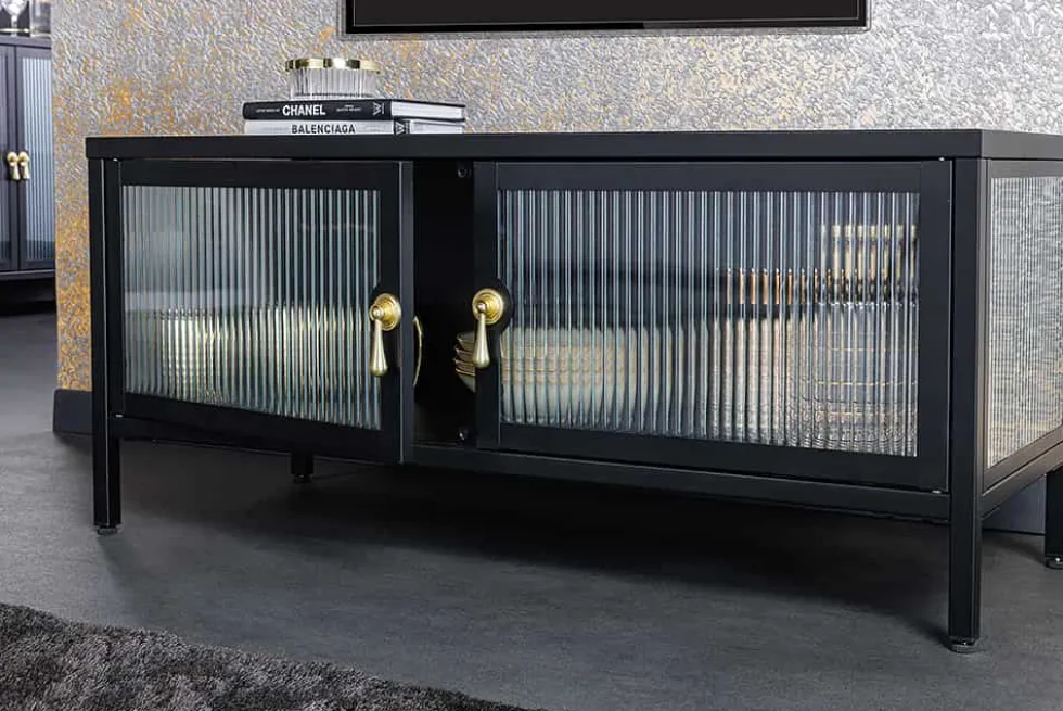 Modernes TV-Lowboard AMSTERDAM 90cm schwarz gold Riffelglas Metall Vitrine Schrank