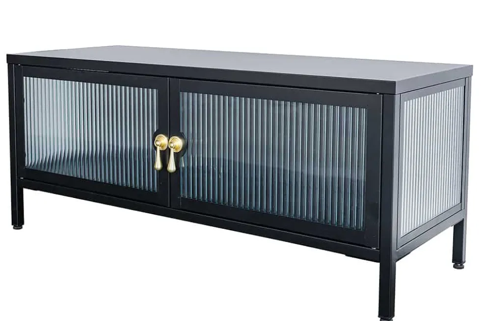 Modernes TV-Lowboard AMSTERDAM 90cm schwarz gold Riffelglas Metall Vitrine Schrank