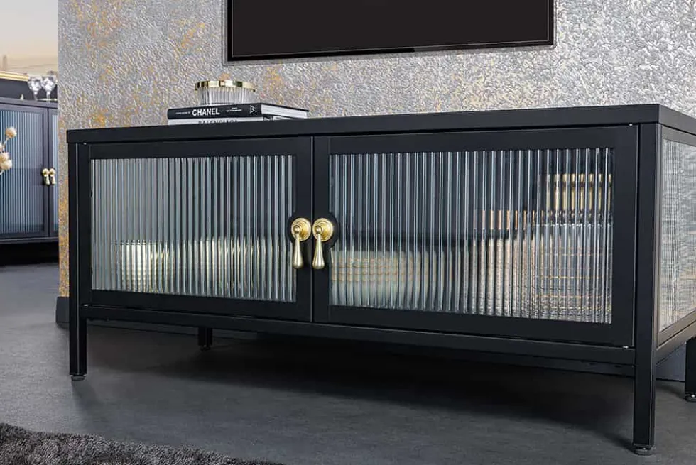 Modernes TV-Lowboard AMSTERDAM 90cm schwarz gold Riffelglas Metall Vitrine Schrank