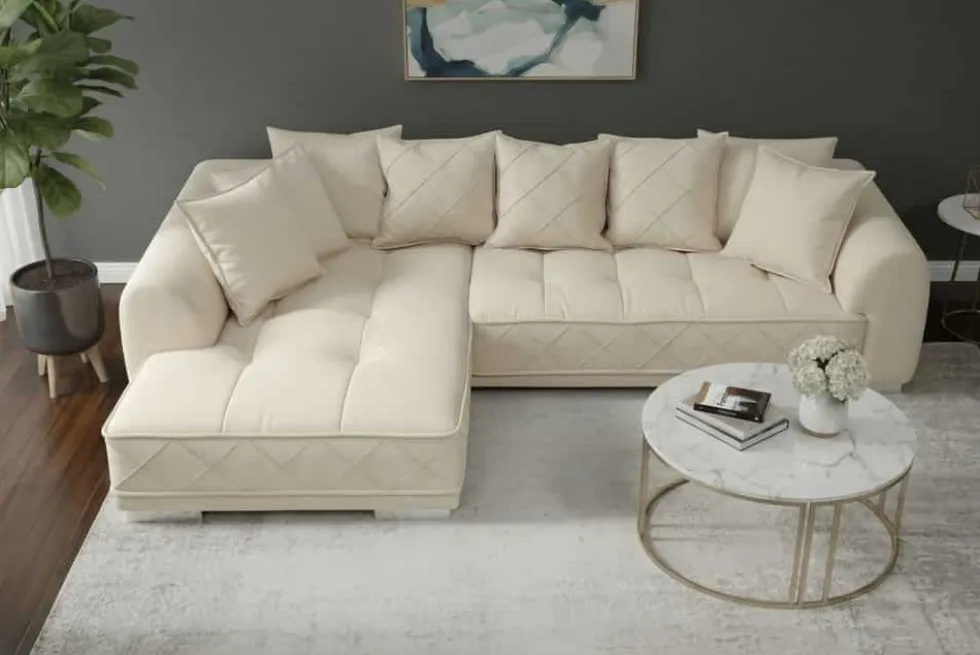 Modernes XXL Ecksofa DECADENCIA 320cm beige Samt Bigsofa inkl. Kissen