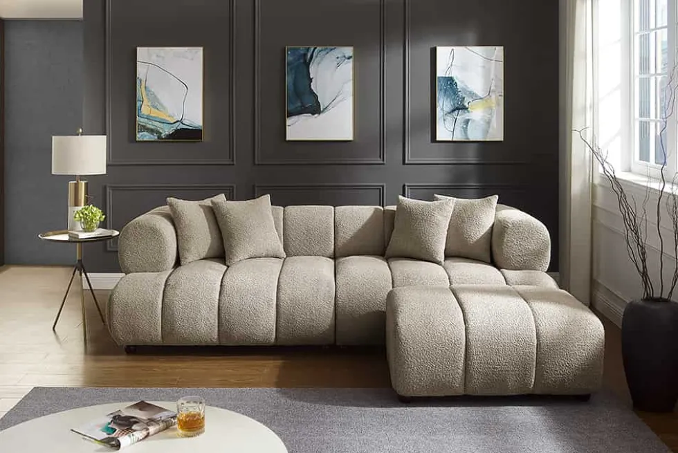 Modernes XXL Sofa ADLON 255cm champagner greige Bouclé Bigsofa Federkern inkl. Kissen