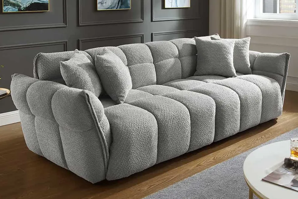 Modernes XXL Sofa CLOUD 260cm grau Bouclé Bigsofa Federkern inkl. Kissen