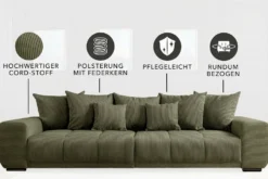 Modernes XXL Sofa ELEGANCIA 285cm grün Cord Federkern inklusive Kissen Bigsofa