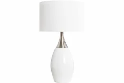 Moderne Tischlampe CARLA 60cm weiß silber mit Leinenschirm