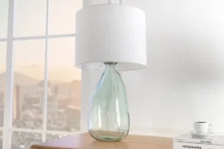 Moderne Tischlampe CLASSIC 60cm transparent recyceltes Glas weiß Stoffschirm