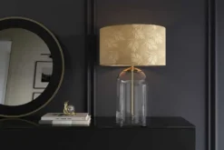 Moderne Tischlampe CLASSICO 60cm transparent Glas weiß gold Leinenschirm