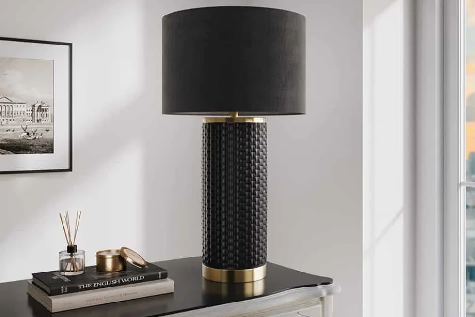 Moderne Tischlampe ELEGANCIA 70cm schwarz gold Keramik rund Stoffschirm