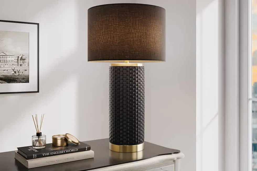 Moderne Tischlampe ELEGANCIA 70cm schwarz gold Keramik rund Stoffschirm