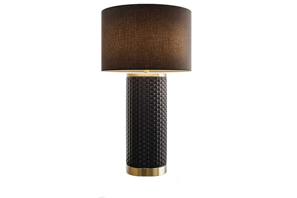 Moderne Tischlampe ELEGANCIA 70cm schwarz gold Keramik rund Stoffschirm