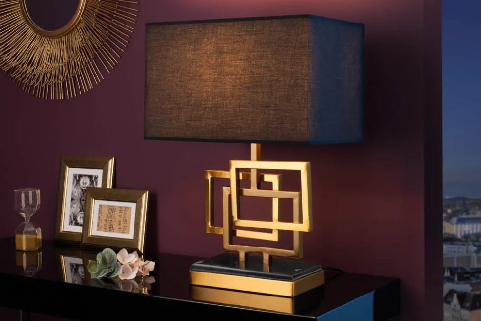 Moderne Tischleuchte ATLANTIS 56cm gold Stoffschirm schwarz Marmor Lampe