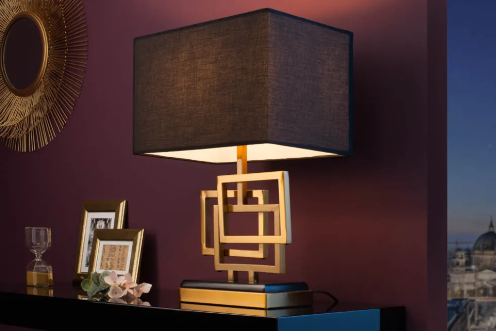Moderne Tischleuchte ATLANTIS 56cm gold Stoffschirm schwarz Marmor Lampe