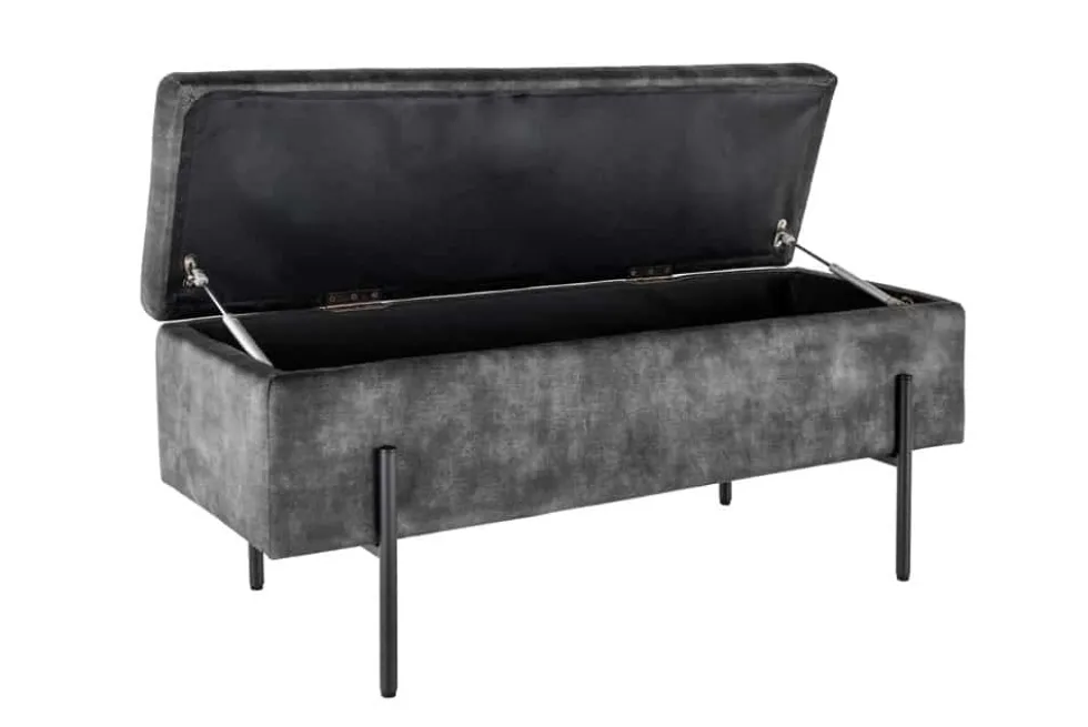 Moderne Truhenbank LOFT 100cm grau Samt Sitzbank mit Stauraum gespolstert schwarz Metall