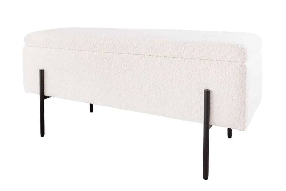 Moderne Truhenbank LOFT 100cm weiß Bouclé Sitzbank mit Stauraum gepolstert schwarz Metall