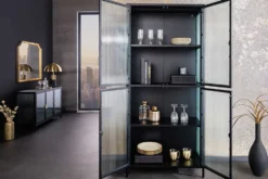 Moderne Vitrine AMSTERDAM 180cm schwarz gold Riffelglas Metall Highboard Schrank