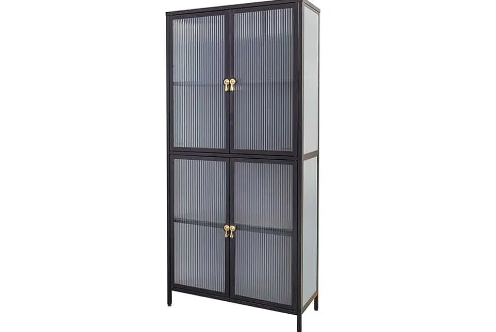 Moderne Vitrine AMSTERDAM 180cm schwarz gold Riffelglas Metall Highboard Schrank