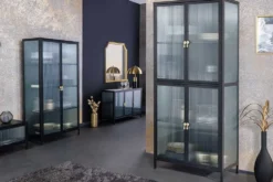Moderne Vitrine AMSTERDAM 160cm schwarz gold Riffelglas Metall Highboard Schrank