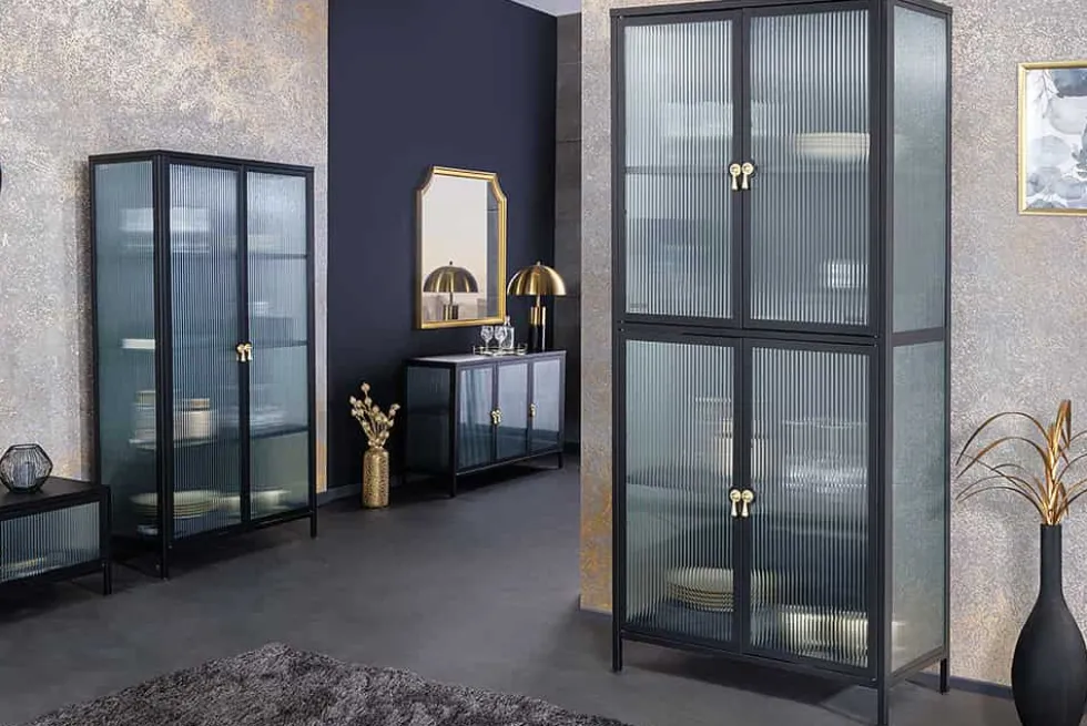 Moderne Vitrine AMSTERDAM 160cm schwarz gold Riffelglas Metall Highboard Schrank