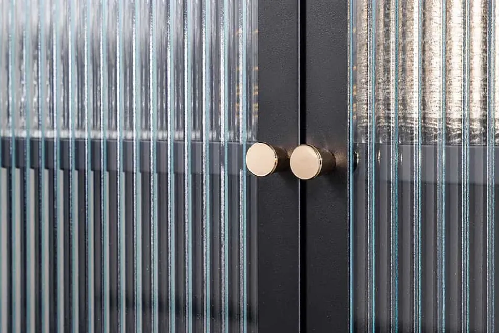 Moderne Vitrine PARIS 110cm schwarz gold Riffelglas Metall Sideboard Schrank