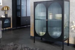 Moderne Vitrine PARIS 110cm schwarz gold Riffelglas Metall Sideboard Schrank