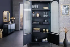 Moderne Vitrine PARIS 180cm schwarz gold Riffelglas Metall Highboard Schrank