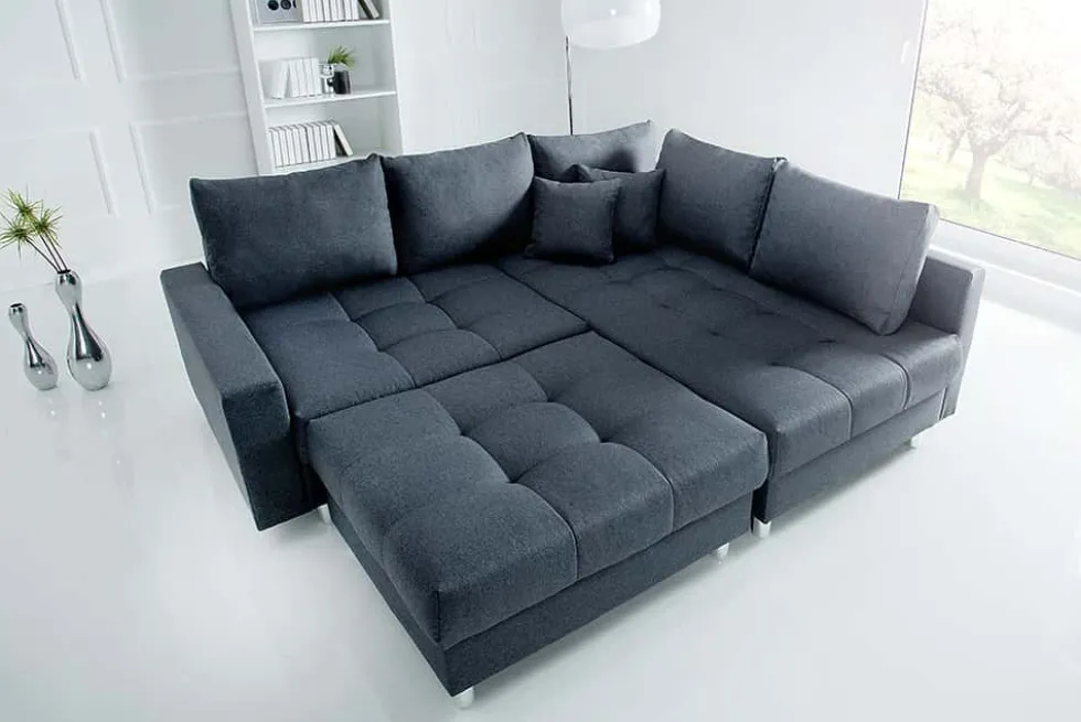 Moderne Wohnlandschaft KENT 220cm anthrazit Ecksofa Federkern inkl. Hocker und Kissen