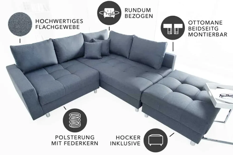 Moderne Wohnlandschaft KENT 220cm anthrazit Ecksofa Federkern inkl. Hocker und Kissen