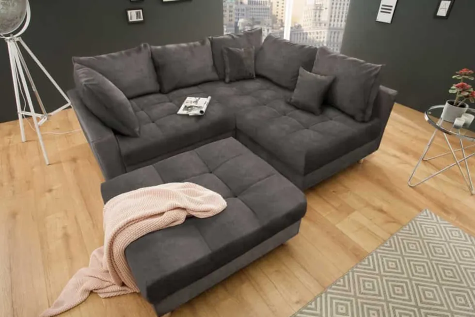 Moderne Wohnlandschaft KENT 220cm grau Samt Ecksofa Federkern inkl. Hocker und Kissen