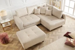 Moderne Wohnlandschaft KENT 220cm champagner beige Vogue Velours Samt Federkern mit Hocker