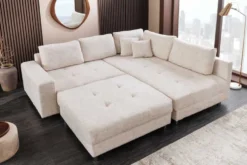 Moderne Wohnlandschaft KENT 220cm champagner beige Strickstoff Ecksofa inkl. Hocker