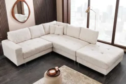 Moderne Wohnlandschaft KENT 220cm champagner beige Strickstoff Ecksofa inkl. Hocker