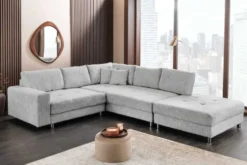 Moderne Wohnlandschaft KENT 220cm grau Strickstoff Ecksofa inkl. Hocker und Kissen