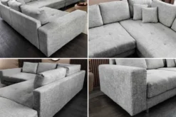 Moderne Wohnlandschaft KENT 220cm grau Strickstoff Ecksofa inkl. Hocker und Kissen