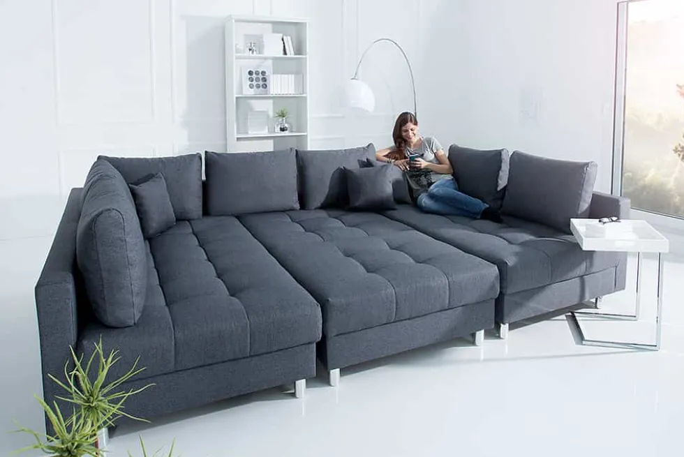 Moderne XXL Wohnlandschaft KENT 305cm anthrazit Federkern Bigsofa inkl. Hocker