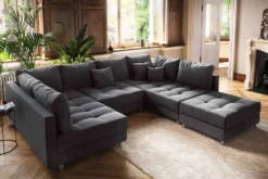 Moderne XXL Wohnlandschaft KENT 305cm anthrazit Federkern Bigsofa inkl. Hocker