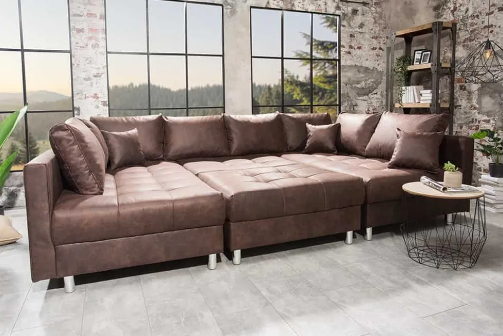 Moderne XXL Wohnlandschaft KENT 305cm antik braun Federkern Bigsofa inkl. Hocker