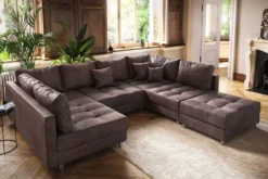 Moderne XXL Wohnlandschaft KENT 305cm antik braun Federkern Bigsofa inkl. Hocker