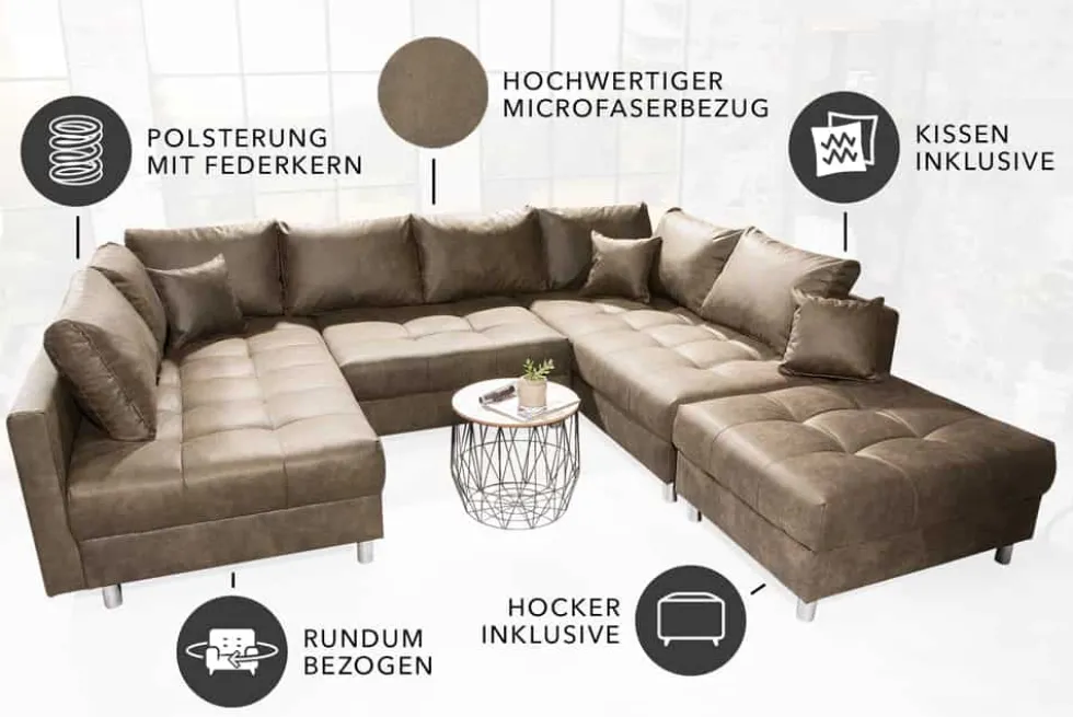 Moderne XXL Wohnlandschaft KENT 305cm taupe Federkern Bigsofa inkl. Hocker