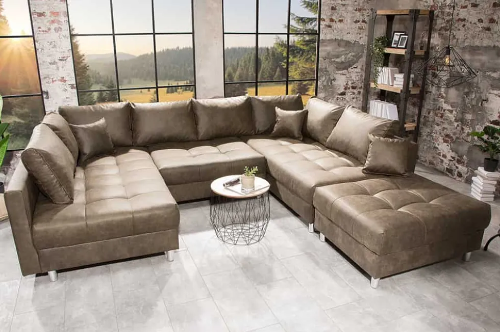 Moderne XXL Wohnlandschaft KENT 305cm taupe Federkern Bigsofa inkl. Hocker