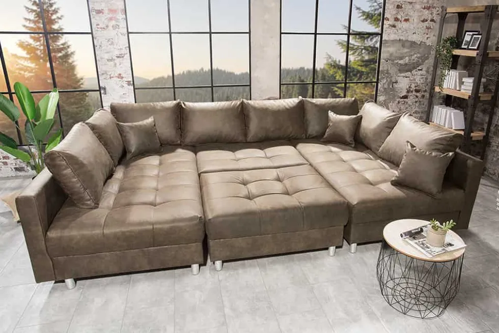 Moderne XXL Wohnlandschaft KENT 305cm taupe Federkern Bigsofa inkl. Hocker